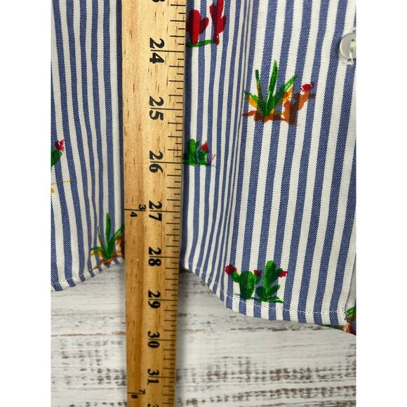Zara White Blue Stripe Button Down Novelty Cactus Print Top XS Oversized Coastal - Picture 5 of 9